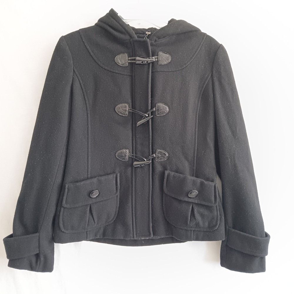 Guess Toggle Coat Women Size M Black Excellent Hooded Wool Blend Outerwear